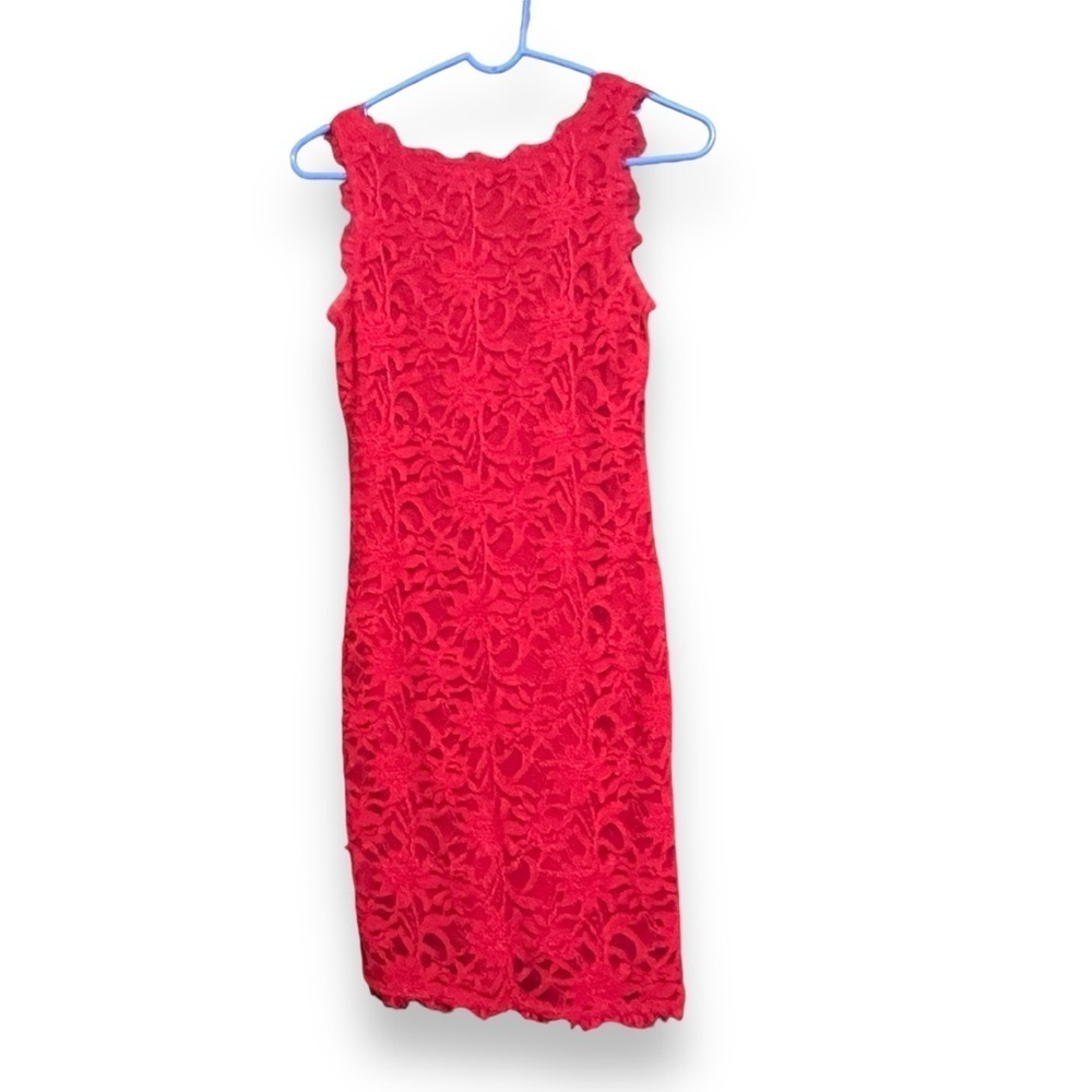 Jump Apparel Red Lace Overlay Sheath Fringe Dress - Picture 1 of 5